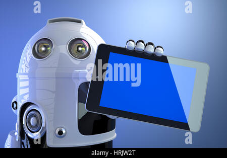 Robot holding blank digital tablet computer isolated on white background Stock Photo
