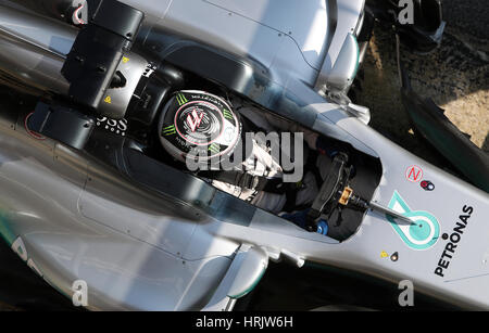 Mercedes Valtteri Bottas during day one of testing ahead of the 2017 Formula One season at the Circuit de Catalunya, Barcelona. Stock Photo