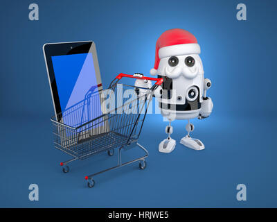 Robot Santa with shopping cart and blank screen tablet computer. Christmas concept Stock Photo