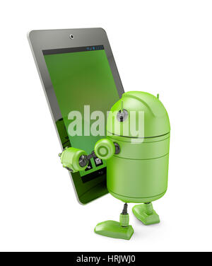 3d Robot holding a tablet. Isolated over white Stock Photo