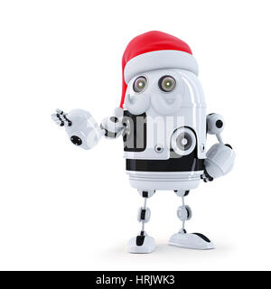 Robot Santa showing invisible object. Isolated on white Stock Photo