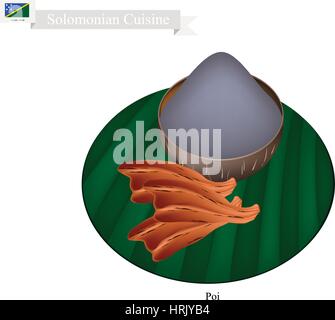 Solomonian Cuisine, Poi or Traditional Taro Porridge Made with Fermented Taro Roots Served with Salted Fish or Lomi Salmon. One of The Most Popular Di Stock Vector