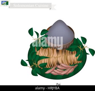Solomonian Cuisine, Poi or Traditional Taro Porridge Made with Fermented Taro Roots Served with Roast Meat. One of The Most Popular Dish of Solomon Is Stock Vector