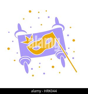 concept of Purim as scroll and mask with a crown. Icon in the linear style Stock Vector