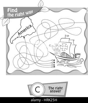 visual game, coloring book for children. Columbus Day. Find the right way. black and white vector illustration Stock Vector