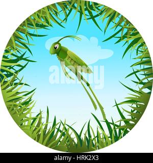 Insect and summer nature icon. grasshopper on the background of the sky in a clearing in a circle around grass Stock Vector