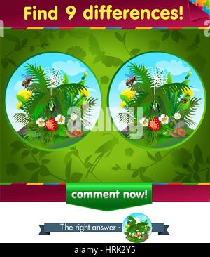 Forest find differences game for children with cute bumblebee. Woodland ...