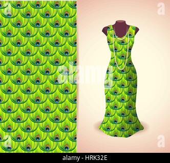 Vector fashion illustration, women's dress on a dummy. Seamless vector background  pattern, isolated elements for invitation card design. Seamless fab Stock Vector