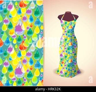 Vector fashion illustration, women's dress on a dummy. Seamless vector background  pattern, isolated elements for invitation card design. Seamless fab Stock Vector