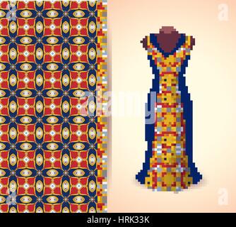 Vector fashion illustration, women's dress on a dummy. Seamless vector background  pattern, isolated elements for invitation card design. Seamless fab Stock Vector
