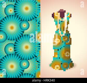 Vector fashion illustration, women's dress on a dummy. Seamless vector background  pattern, isolated elements for invitation card design. Seamless fab Stock Vector