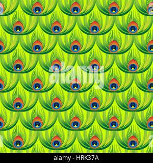 Seamless vector background with oriental pattern. Abstract green peacock feathers Stock Vector