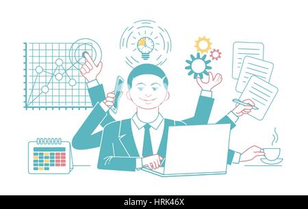 Businessman with multitasking and multi skill. Keep calm. Business concept. Linear style, design Stock Vector
