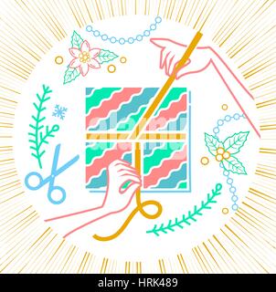 Illustration of a Making a gift packing. Arts and crafts  hand drawn supplies, tools, design elements,  isolated on white background Stock Vector