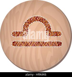 Libra zodiac sign in circular frame, vector Illustration, made in the form of filaments. Icon on a wooden background Stock Vector
