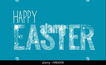 Happy easter inscription  in the form of a rural landscape with a rabbit and animals. Linear style Stock Vector