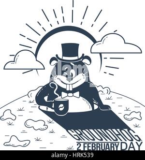 black and white illustration. Holiday - happy groundhog day. Icon in the linear style. Retro Stock Vector