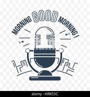 icon Good morning in the form microphone for the radio against the backdrop of the city. vector icon black and white in the linear style Stock Vector