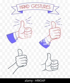 Doodle gestures icons set. Thumbs up, Thumb Appreciation,  Hand drawn infographic symbols. Icon in the linear style. Stock Vector