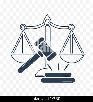 icon Justice. silhouette of weights and Judge hammer . Icon vector i in the linear style Stock Vector
