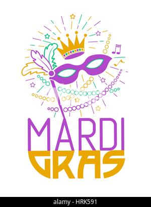 Mardi Gras Party Mask Poster. Greeting card. Holiday poster or placard template. Vector design illustration of celebration in the linear style Stock Vector