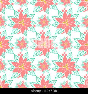 Christmas seamless pattern background with poinsettia flowers, holly and mistletoe in a linear style. Vintage background . For backdrop, background, f Stock Vector