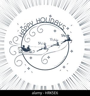 silhouette of Santa Claus flying reindeer on a moon background in linear style. Icon for Christmas, New Year Stock Vector