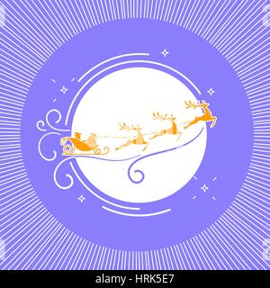 silhouette of Santa Claus flying reindeer on a moon background in linear style. Icon for Christmas, New Year Stock Vector