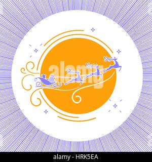 silhouette of Santa Claus flying reindeer on a moon background in linear style. Icon for Christmas, New Year Stock Vector