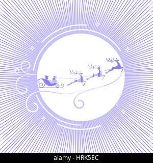 silhouette of Santa Claus flying reindeer on a moon background in linear style. Icon for Christmas, New Year Stock Vector