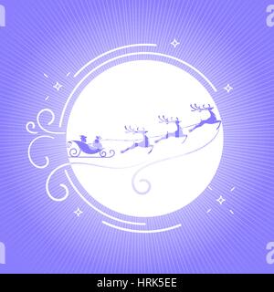 silhouette of Santa Claus flying reindeer on a moon background in linear style. Icon for Christmas, New Year Stock Vector