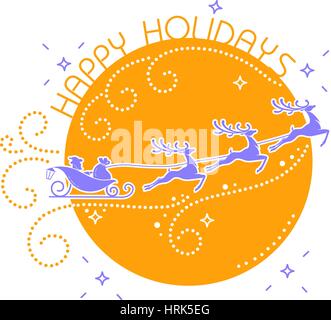 silhouette of Santa Claus flying reindeer on a moon background in linear style. Icon for Christmas, New Year Stock Vector