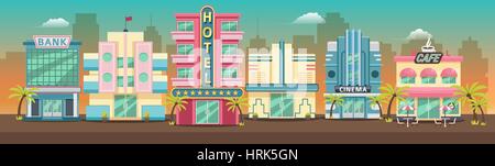 Old city retro Miami skyline panorama at sunset. Banner for site Stock Vector