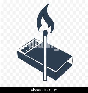 isilhouette, black and white icon lighted match with a box of matches. two colors Stock Vector