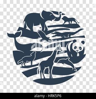 Icon in the form of animal silhouettes in a circle on the ground. Icon for the zoo, on the day of the animals. black and white icon Stock Vector