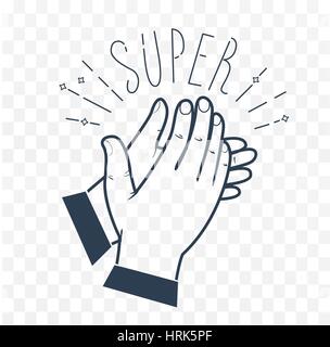 Icon clapping hands with the text Super Icon in the linear style. black and white illustration Stock Vector