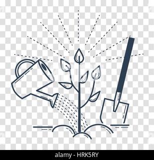 Icon tree planting, landscaping in the linear style. black and white icon Stock Vector