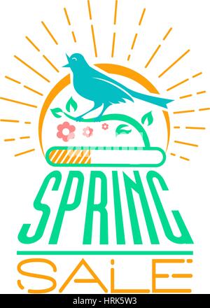 Spring Sale Design with a singing bird on a background of the sun . Background for Spring Seasonal Promotion. Vector Illustration Stock Vector
