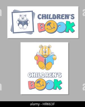 Funny teddy bear reading a book. Logo design vector template. Animal Logotype Children store concept. Stock Vector