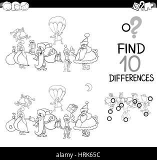 Black and White Cartoon Illustration of Finding Differences Educational Activity for Kids with Christmas Characters Coloring Book Stock Vector