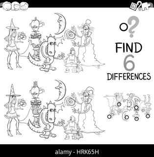 Black and White Cartoon Illustration of Finding the Difference Educational Game for Children with Fantasy Characters Coloring Page Stock Vector