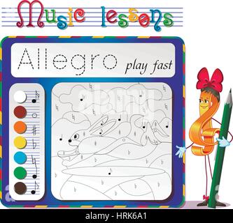 Coloring book of music. Music lessons. choose the color of the note. Learning tempo muzyke- Allegro Stock Vector