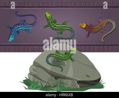 set of lizards of various colors, located on the wall and on the stone Stock Vector