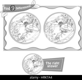 visual game, coloring book for children and adults. Task to find 9 differences in the summer illustration  with  forest insects. black and white vecto Stock Vector