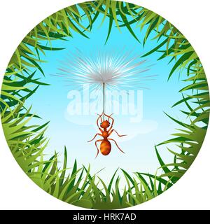 Insects and summer nature icon. ant in the sky holding the dandelion Stock Vector