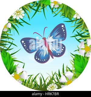Insect and summer nature icon. Butterfly on the background of the sky in a clearing in a circle around flowers Stock Vector