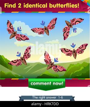 visual game for children . Task to find 2 identical butterflies Stock Vector