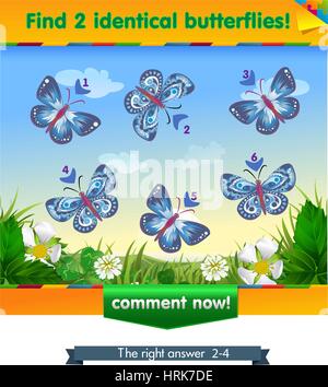 visual game for children . Task to find 2 identical butterflies Stock Vector