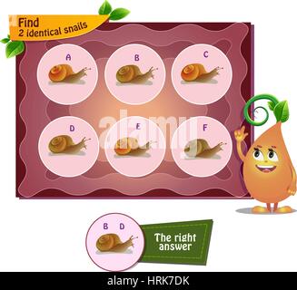 visual game for children . Task to find 2 identical snails Stock Vector