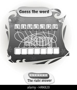 Visual Game for children. Task: guess the word. Right answer- present black and white vector illustration Stock Vector